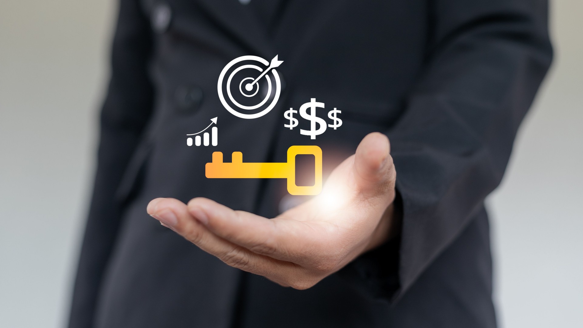 Businessman holding digital golden key with financial icons, target, graph, and dollar symbol, representing success strategy, financial growth, and business goal achievement.