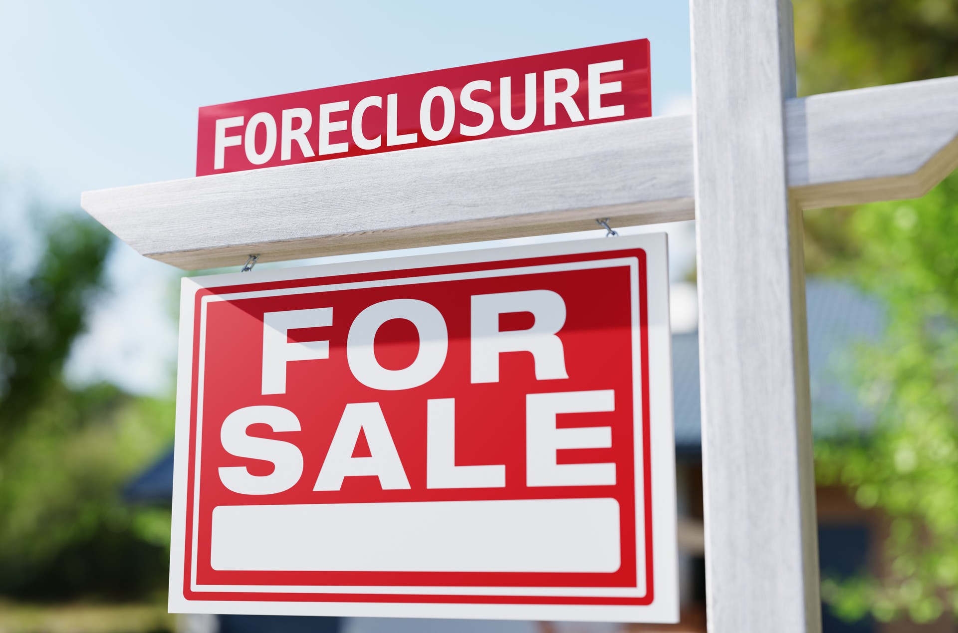 Foreclosure For Sale Real Estate Sign In Front of House.